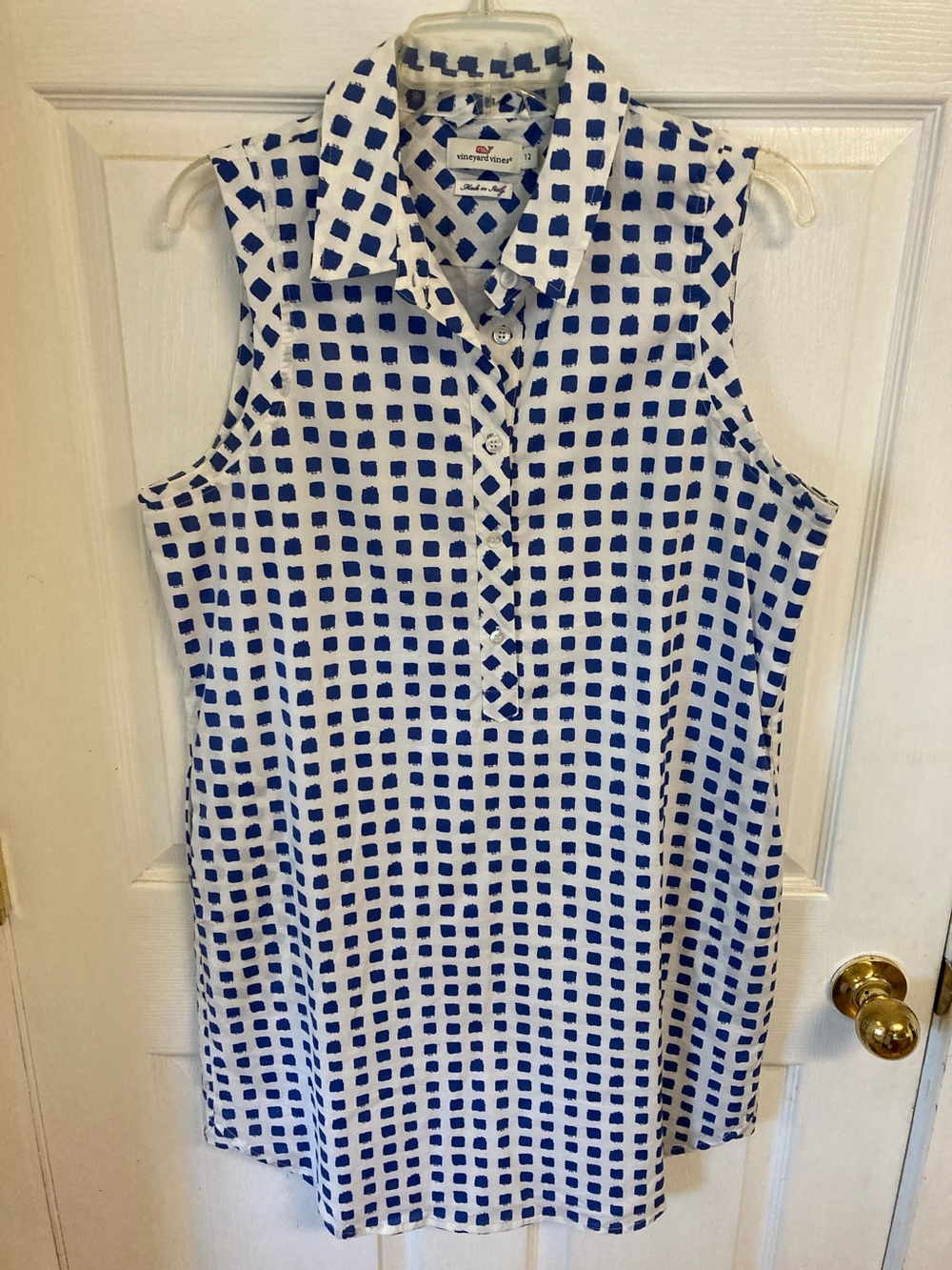 Vineyard Vines Sleeveless Collared Tunic Dress with Blue & White Square Print